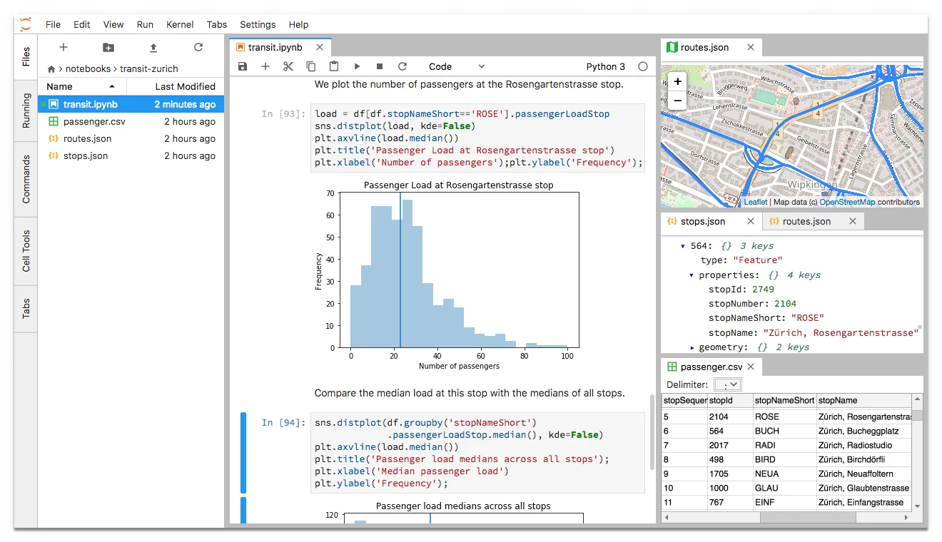 JupyterLab extensions enable you to work with diverse data formats such as GeoJSON, JSON and CSV.