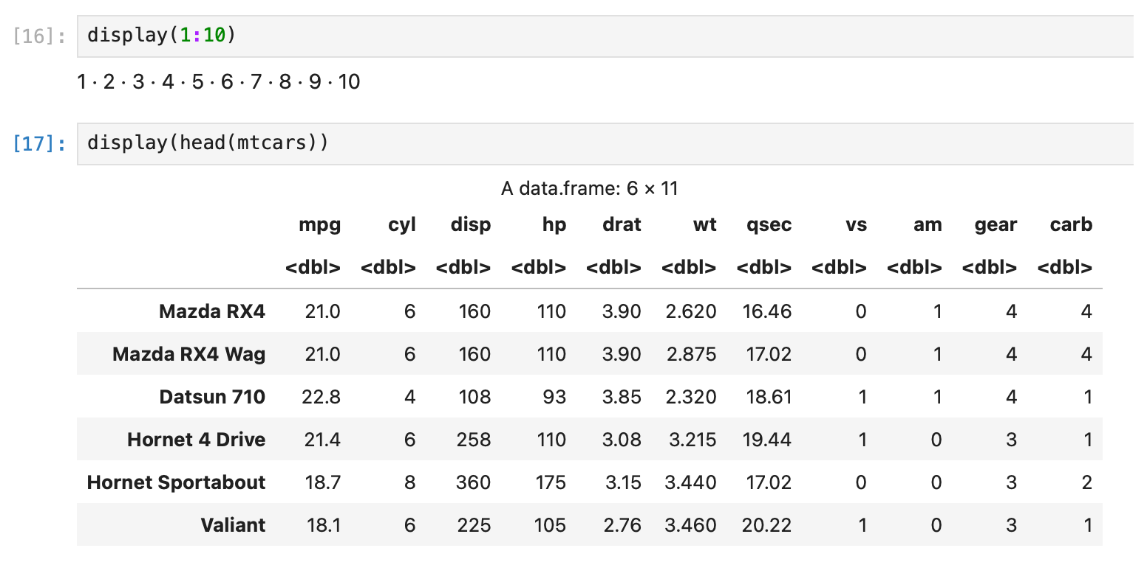 Screenshot of a Jupyter notebook with 2 cells with R code. The first cell [16] contains the command display(1:10). The output shows a rich representation of 1:10: the numbers 1 to 10 separated by dots. The second cell [17] also uses the display function to create a rich display of the first 6 rows of the mtcars data frame: display(head(mtcars)). The result presents the data frame as a well formatted table display with alternating shading for rows to improve readability.