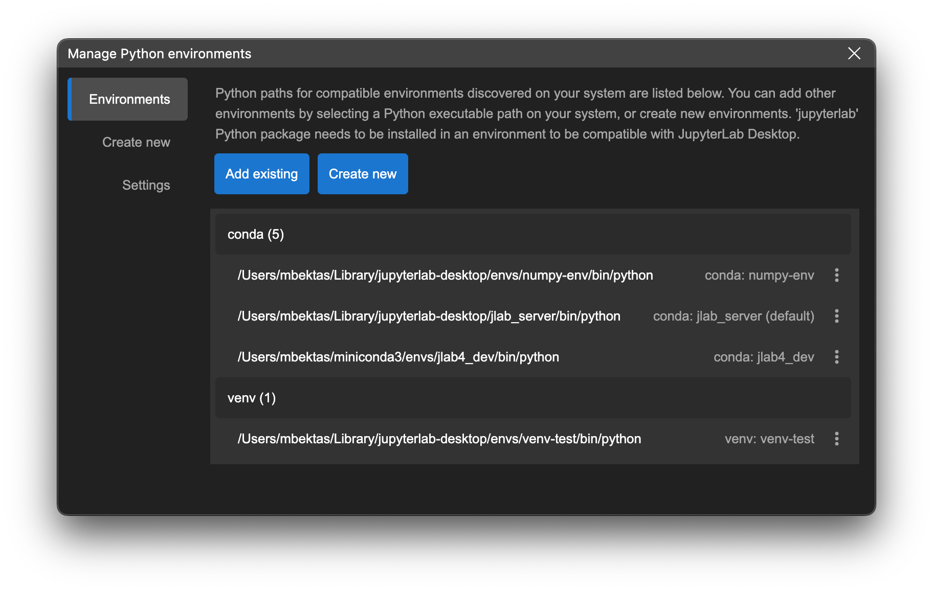 Python environment management dialog