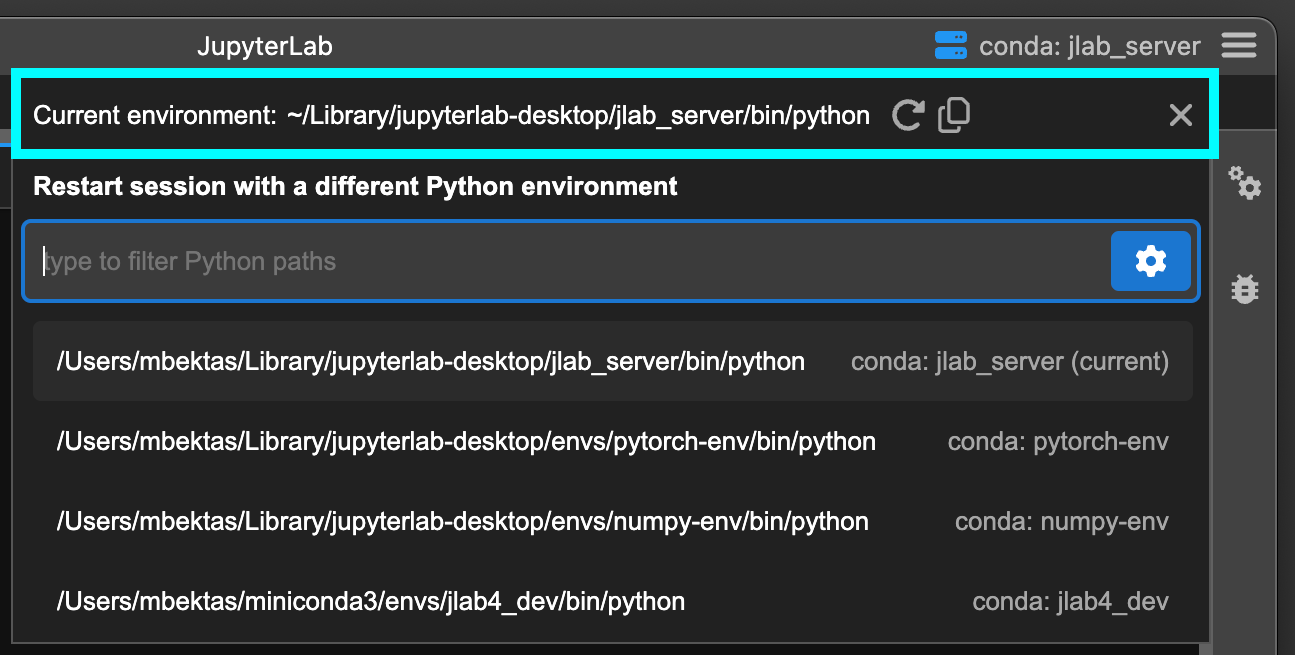 Session environment info and action buttons