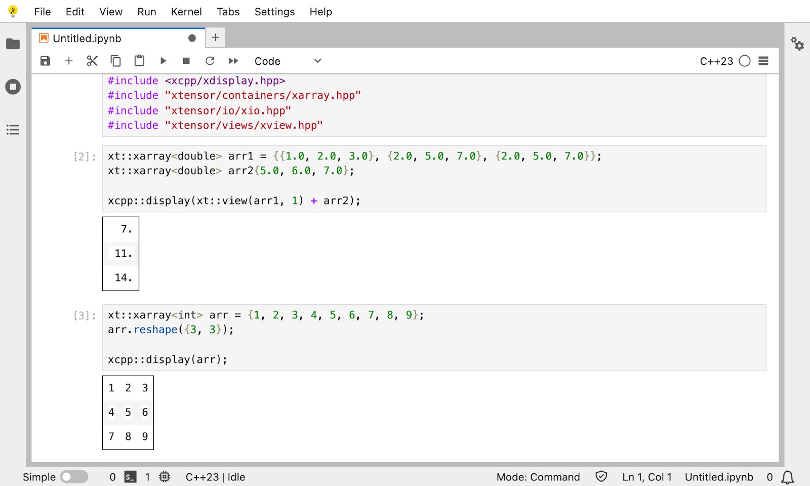 JupyterLite used in combination with Xtensor, utilizing rich display for tables.