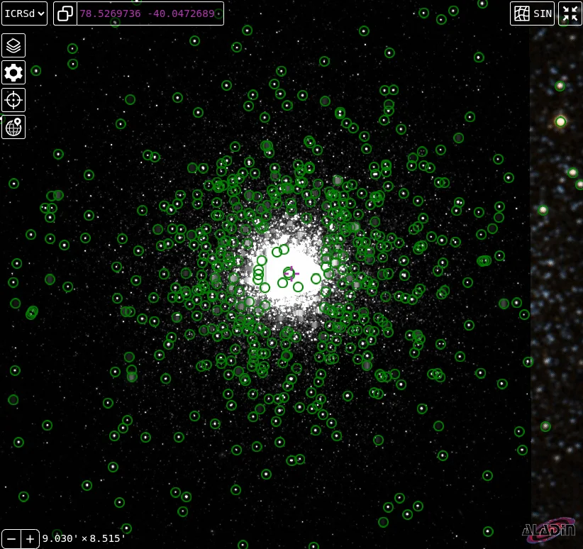 AladinLite v3 sky viewer inside a Jupyter notebook, showing a globular cluster with catalog query results in the outskirts of the cluster overlaid as green circles.